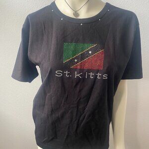 SGS St Kitts Flag Rhinestone Caribbean St Kittian Womens Black Tshirt Size L